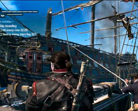 Imagen de una batalla naval con Shay al mando en el juego de Assassin's Creed: Rogue.