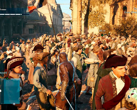 Imagen de Arno mezclándose entre una gran multitud en el juego Assassin's Creed: Unity.
