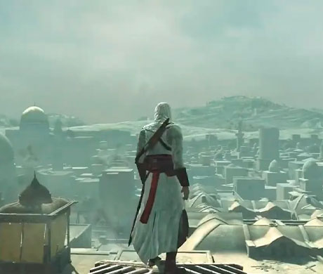Imagen de Altair contemplando una ciudad medieval en el juego Assassin's Creed.