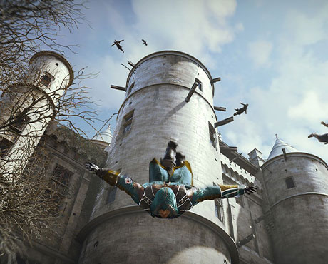 Imagen de Arno y varios asesinos realizando un salto de fe en el juego Assassin's Creed: Unity.
