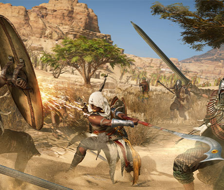 Imagen de Bayek luchando contra unos guardias en el juego Assassin's Creed: Origins.