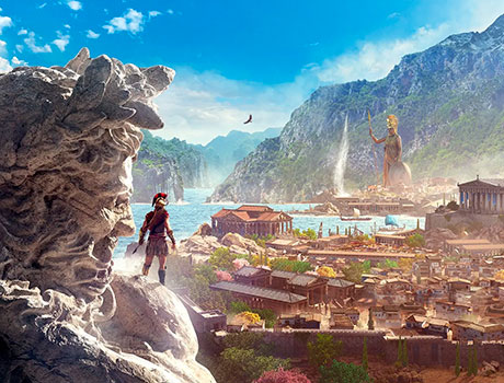 Imagen de Alexios subido a una estatua contemplando las vistas de Grecia en el juego Assassin's Creed: Odyssey.