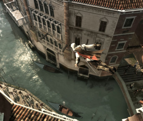 Imagen de Ezio Auditore realizando un salto de fe en Assassin's Creed II.