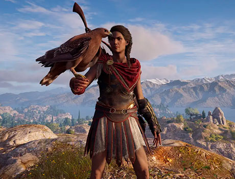Imagen de Kassandra con su águila Ícaro posando sobre su brazo en el juego Assassin's Creed Odyssey.