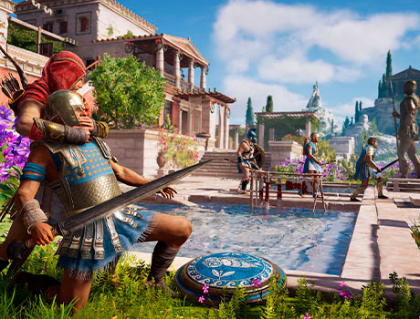 Imagen de Alexios sujetando a un guardia del cuello por detrás en el juego Assassin's Creed. Odyssey.