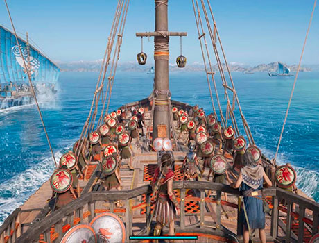 Imagen de Kassandra manejando su navío en el juego Assassin's Creed: Odyssey.