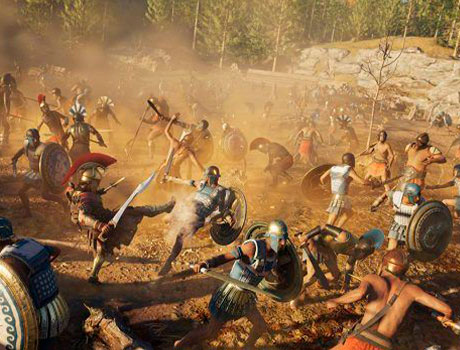 Imagen de Alexios dando una patada Espartana a un soldado en mitad de una batalla gigantesca en el juego Assassin's Creed: Odyssey.