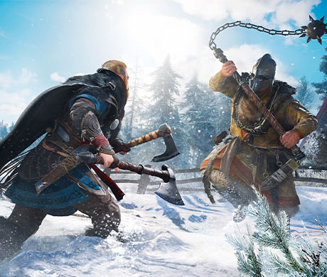 Imagen de Eivor con dos hachas en mano enfrentándose a un enemigo en el juego Assassin's Creed: Valhalla.