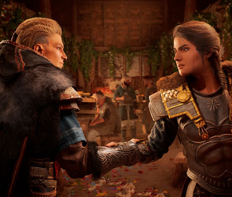 Imagen de Eivor dándole la mano a Randvi en el juego Assassin's Creed: Valhalla.