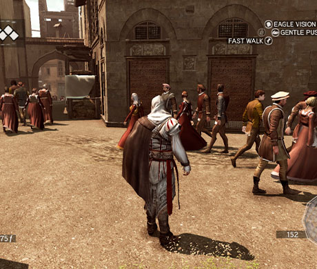 Imagen de Ezio Auditore caminando por una ciudad renacentista en Assassin's Creed II.