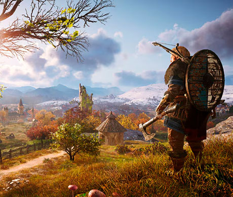 Imagen de Eivor contemplando las vistas de Inglaterra en el juego Assassin's Creed: Valhalla.