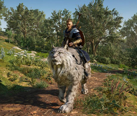 Imagen de Eivor subido a una montura felina en el juego Assassin's Creed: Valhalla.