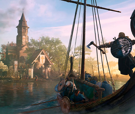 Imagen de Eivor y sus guerreros subidos en barco a punto de asaltar una aldea en el juego Assassin's Creed: Valhalla.
