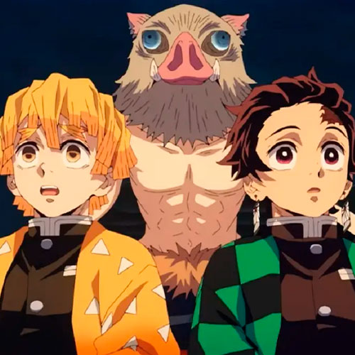 Imagen de zenitsu, inosuk y tanjiro juntos en el anime kimetsu no yaiba.
