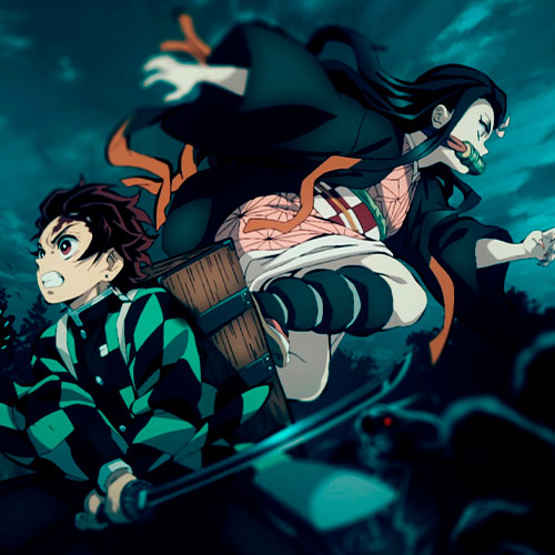 Imagen de tanjiro y nezuko luchando juntos contra unos demonios en kimetsu no yaiba.