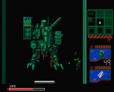 Imagen de Snake al lado del Metal Gear en el juego Metal Gear 2: Solid Snake.