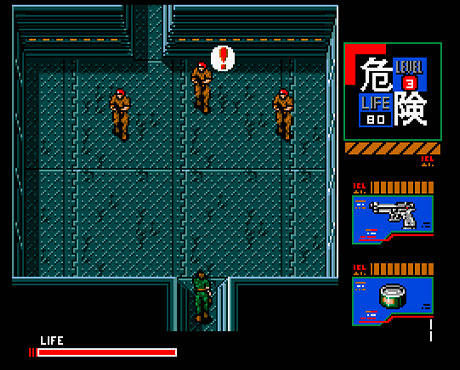 Imagen de soldados alertados por Snake en el juego Metal Gear 2: Solid Snake.