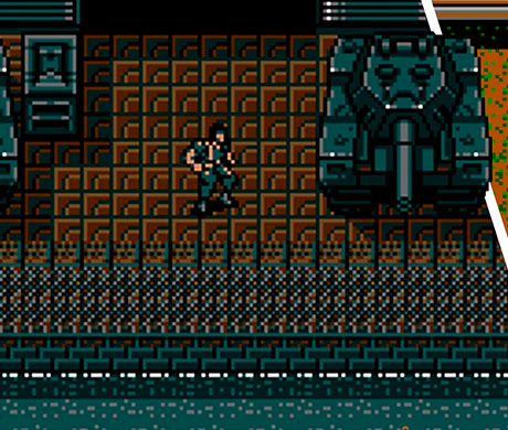 Imagen de Snake al lado de un tanque en el juego Metal Gear de 1987.