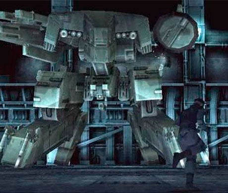 Imagen de Snake delante del Metal Gear REX en el juego Metal Gear Solid.