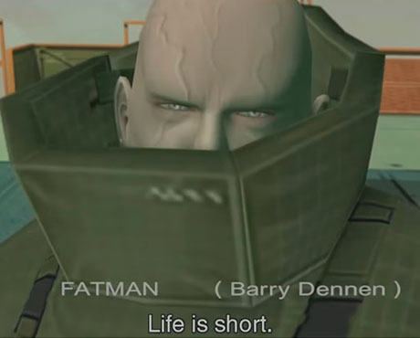 Imagen de la cara de Fatman mientras habla en el juego de Metal Gear Solid 2: Sons of Liberty.