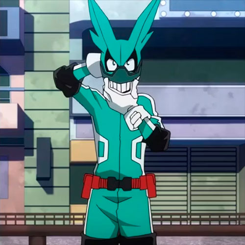 Imagen del protagonista deku con su traje de super héroe en el anime my hero academia.