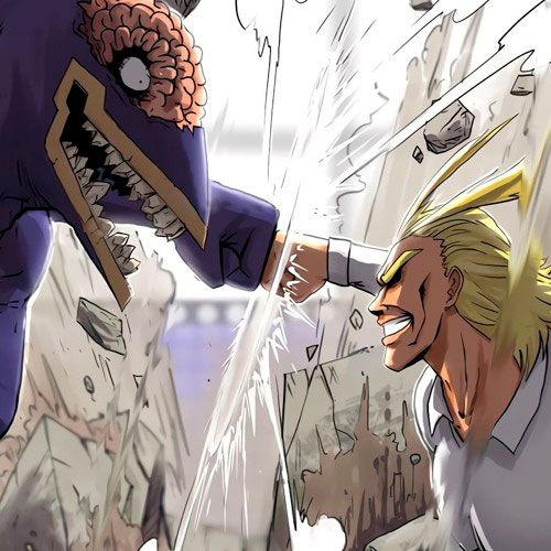 Imagen de all might y un nomu, puño a puño en el anime my hero academia.