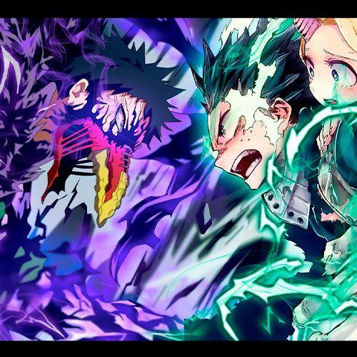Imagen de deku enfrentándose a overhaul con eri a su espalda en el anime my hero academia.