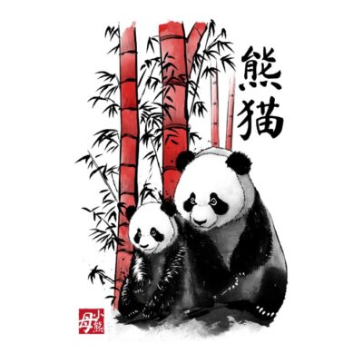 Panda and cub sumi-e