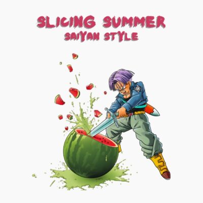 Guerrero pelo azul cortando una sandía