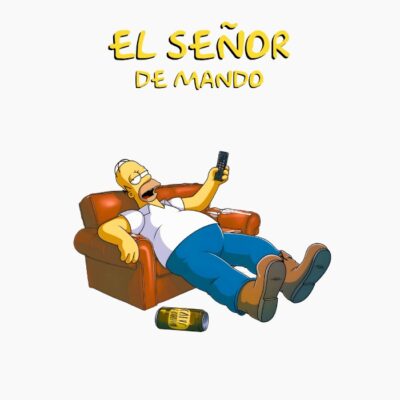 Padre dibujos animados, sofá mando y cerveza, frase en español