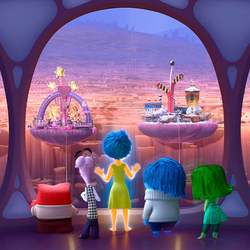 Imagen de las emociones de riley observando sus memorias más destacadas en la película del revés.