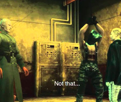 Imagen de Volgin discutiendo con The Boss mientras Snake está maniatado en el juego Metal Gear Solid 3: Snake Eater.