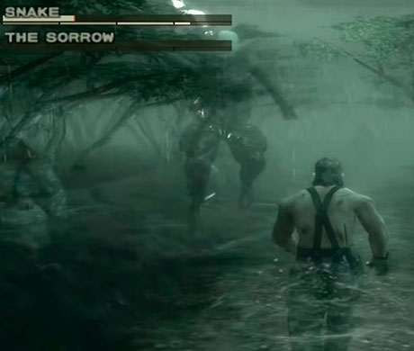 Imagen de Snake caminando a través de un río durante su enfrentamiento contra The Sorrow en el juego Metal Gear Solid 3: Snake Eater.