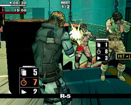 Imagen de Snake siendo disparado por un soldado en el juego Metal Gear Acid.