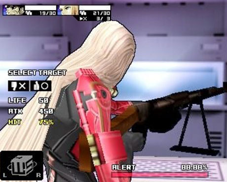 Imagen de Lucy usando un arma en el juego Metal Gear Acid 2.