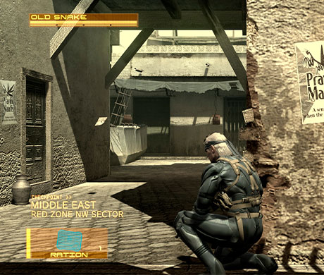 Imagen de Snake asomándose por una esquina en una calle de un país de medio oriente en el juego Metal Gear Solid 4.