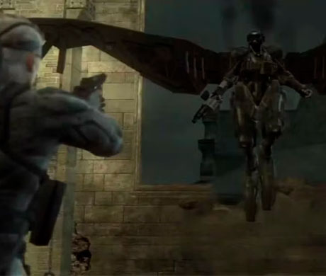 Imagen de Snake disparando a Raging Raven en el juego Metal Gear Solid 4.