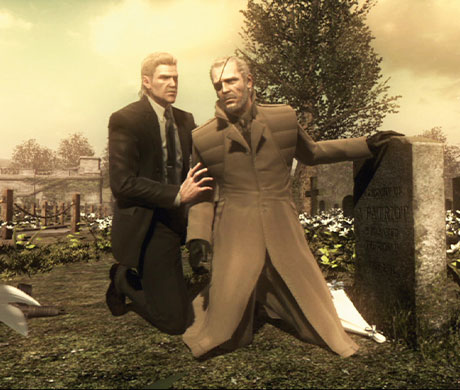 Imagen de Snake sujetando a Big Boss por el brazo mientras dice sus últimas palabras en el juego Metal Gear Solid 4.
