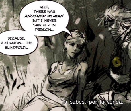 Imagen de Snake hablando con una rehén en el juego Metal Gear: Peacewalker.
