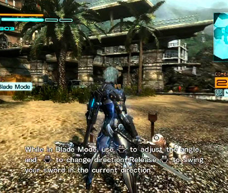 Imagen de Raiden de pie mientras habla en el juego Metal Gear Rising : Revengeance.