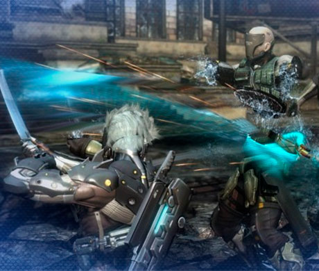 Imagen de Raiden cortando a un soldado por la mitad con su katana en el juego Metal Gear Rising : Revengeance.