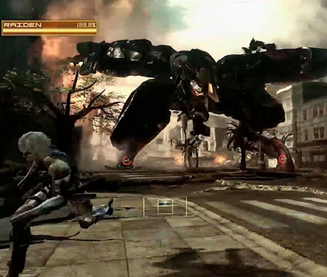 Imagen de Raiden corriendo mientras se enfrenta al Metal Gear Ray en el juego Metal Gear Rising : Revengeance.