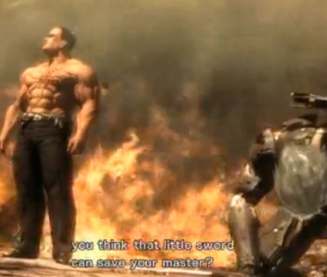 Imagen del Senador Armstrong hablando mientras Raiden está en el suelo herido en el juego Metal Gear Rising : Revengeance.