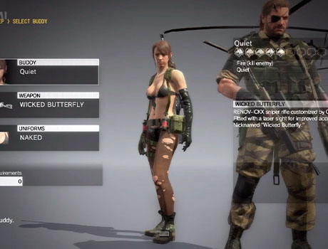 Imagen de Quiet en la pantalla de selección de compañeros en el juego Metal Gear V: The Phantom Pain.