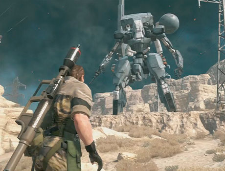 Imagen de Venom Snake en frente del Sahelanthropus en el juego Metal Gear V: The Phantom Pain.