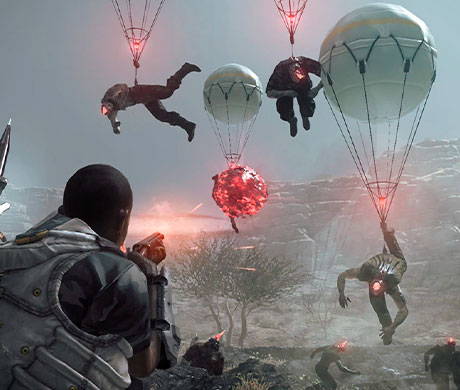 Imagen del jugador disparando a enemigos mientras están atrapados con el Fulton, en el juego Metal Gear Survive.