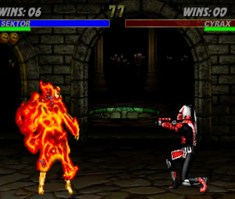 Imagen de Sektor haciendo un Fatality con fuego a Cyrax el juego Mortal Kombat 3.