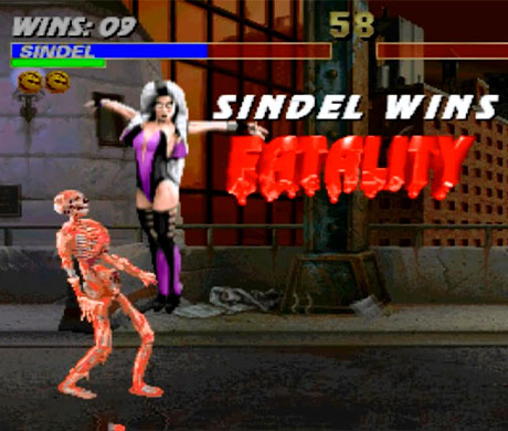 Imagen de Sindel haciéndole un Fatality a Kabal en el juego Mortal Kombat 3.