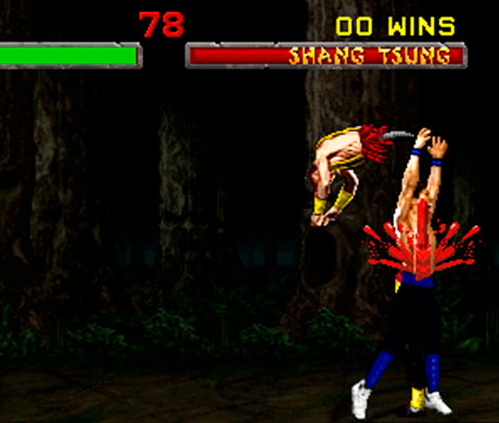 Imagen de Jonny Cage haciéndole un Fatality a Shang Tsung en el juego Mortal Kombat II