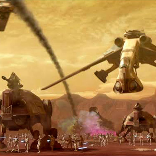 Imagen de la escena de guerra entre el ejército droide y el ejército de clones en la película star wars el ataque de los clones.